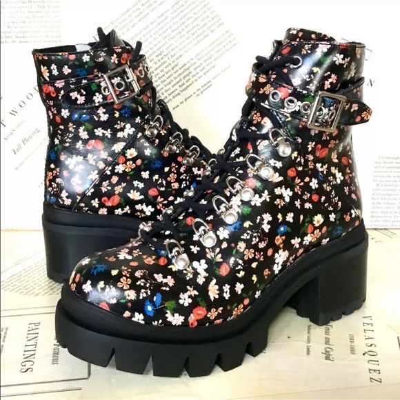 Jeffrey Campbell Combat Boot Black Floral Leather - Picture 7 of 7